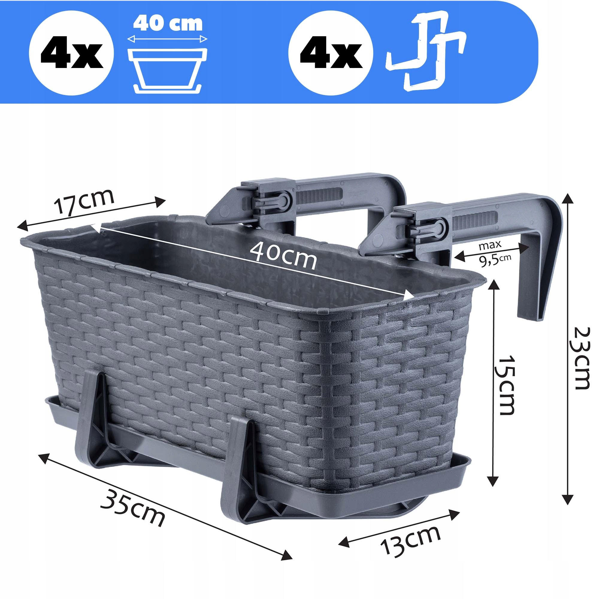 BALKONKASTEN mit Griffen, Graphit, 40 cm, 4 Stk. - Graphitfarben, Kunststoff (17/40cm) - KADAX