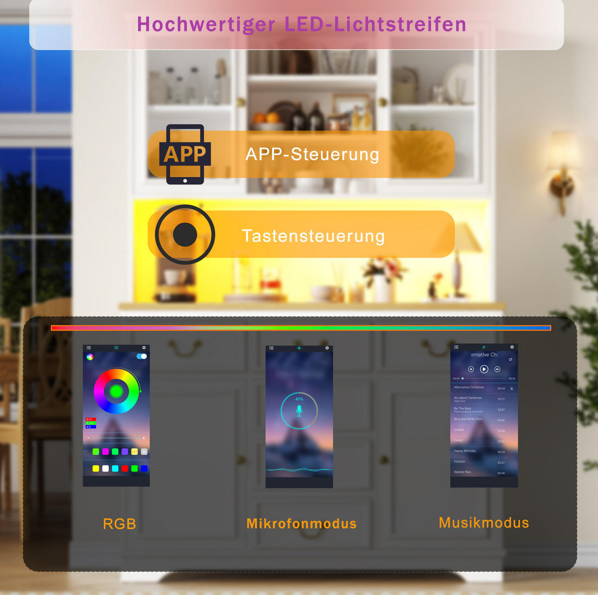 BUFFETSCHRANK 118/39,5/180 cm mit LED-Lichtleiste, Steckdosenleiste und flexiblem Stauraum, Weiß - Weiß, Holzwerkstoff (118/180/40cm) - Redom