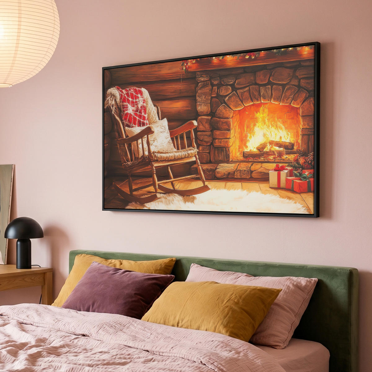 LEINWAND Bilder mit Rahmen - Winter - Weihnachten - Zuhause - Kamin - 120x80 - Bernsteinfarben, Textil (120/80cm) - MuchoWow