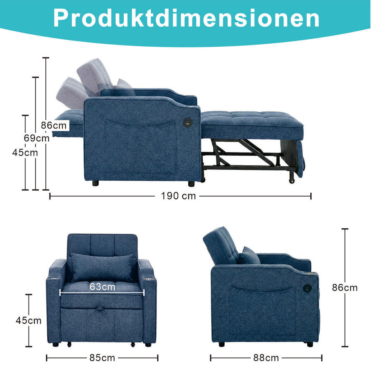 SCHLAFSESSEL 3-in-1 mit Liegefunktion 190 cm Navy Blue - Blau, Holz (85/86/190cm) - Meubliv