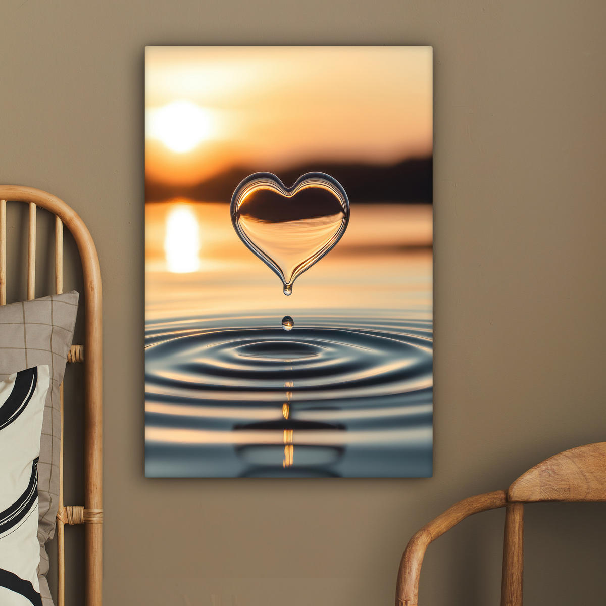 LEINWANDBILD - Herz - Wasser - Sonnenuntergang - Natur - Zen - 40x60 - Deko Schlafzimmer - Bernsteinfarben, Textil (40/60cm) - MuchoWow