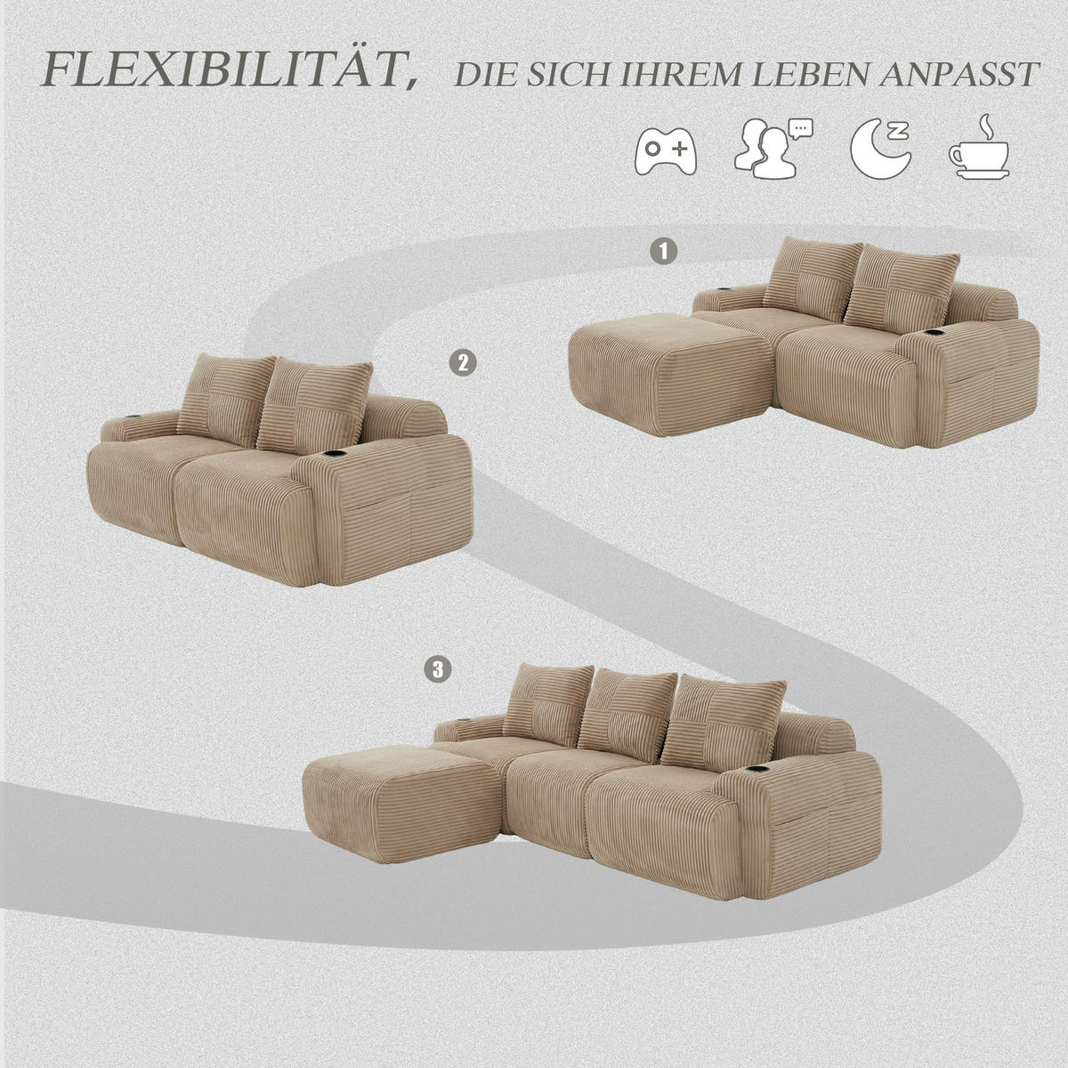 MODULARES 3-Sitzer Sofa Cordstoff mit Hocker Getränkehalter und Seitentasche 268/174/80 cm Sandfarben - Sandfarben, Textil (174/268cm) - Redom