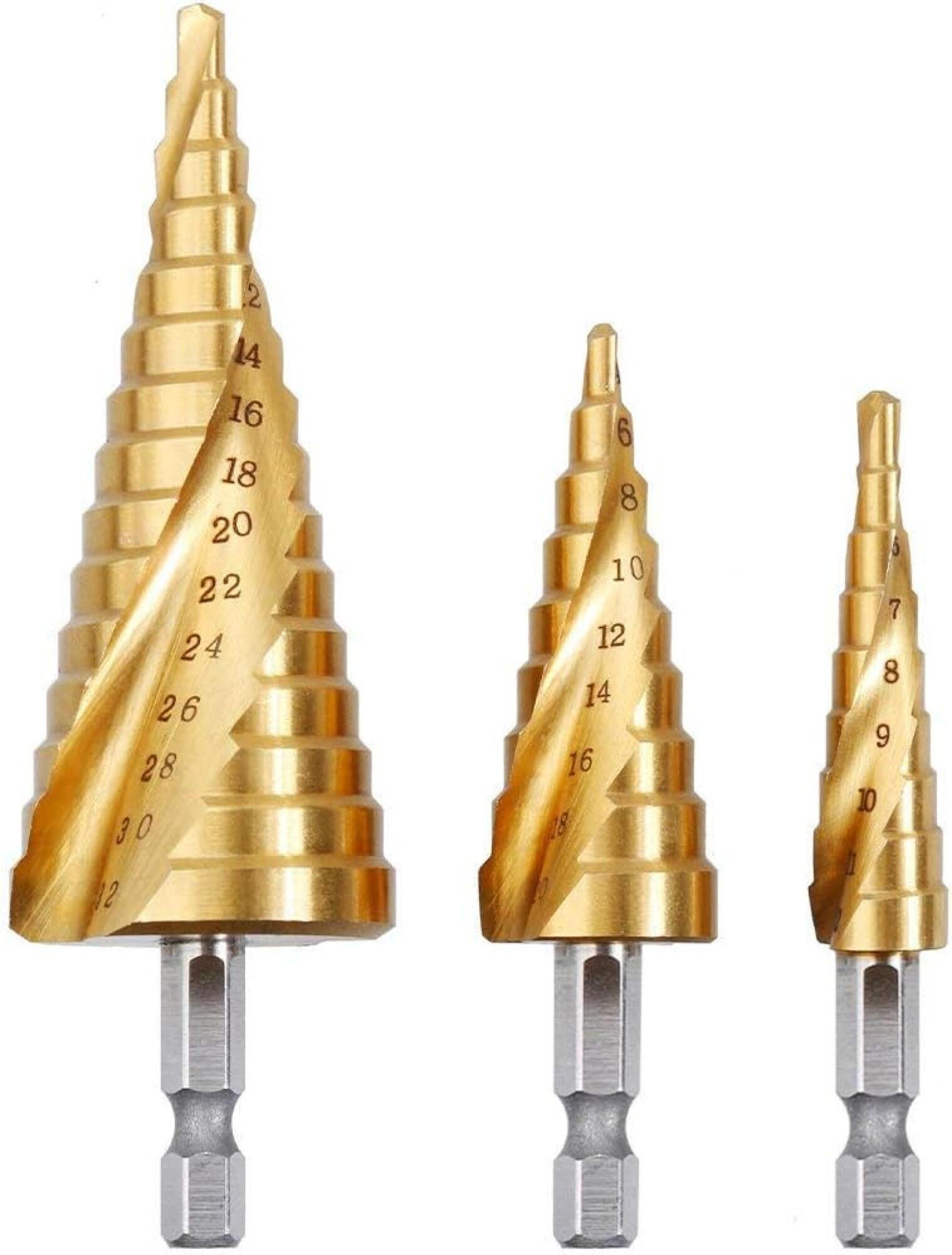 BOHRER - 3 Stück, Größen 4-12/20/32 mm, Sechskantschaft, zum Bohren von Schrauben in Stahl und Kunststoff. - Goldfarben, Metall (12/8/4cm) - DCA