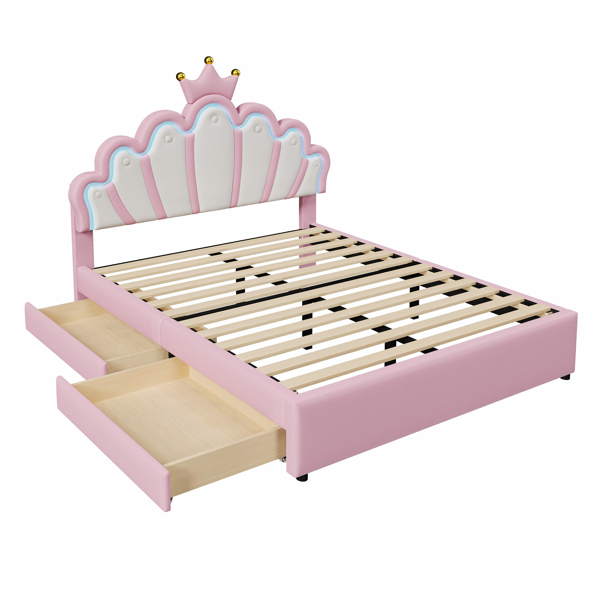 POLSTERBETT 140/200 cm DE-04645, mit LED, 2 Schubladen und Krone in Rosa - Pink, Holzwerkstoff (140/200cm) - ComfortXL