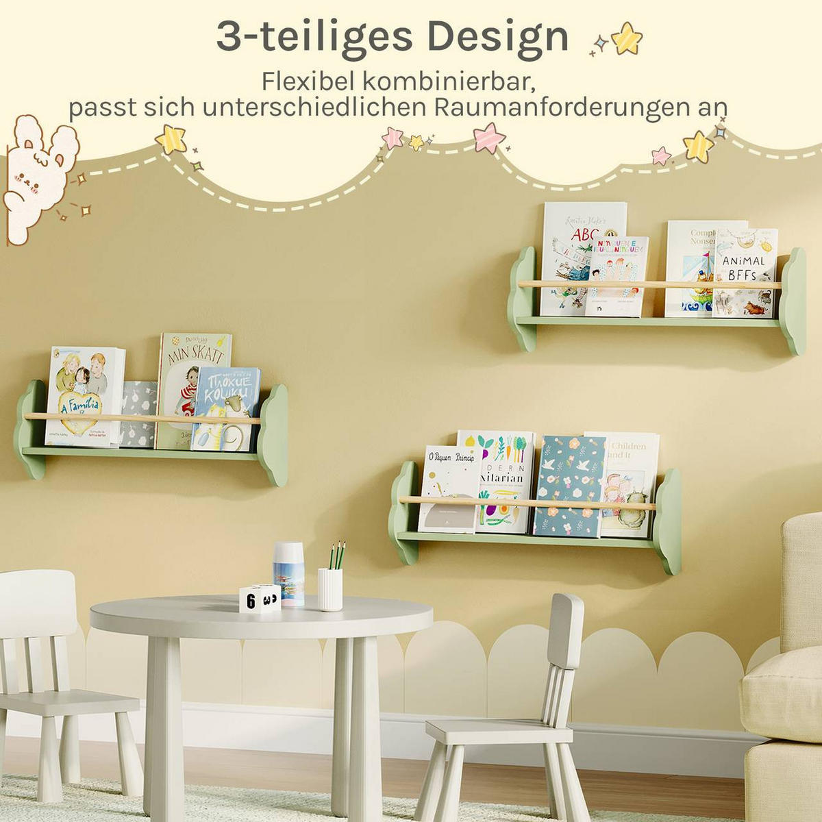 KINDER-WANDREGAL 3er Set, Kiefernholz, 65 x 12,7 x 23cm, Grün - Grün, Holz/Holzwerkstoff (65/23/12.7cm) - Woltu