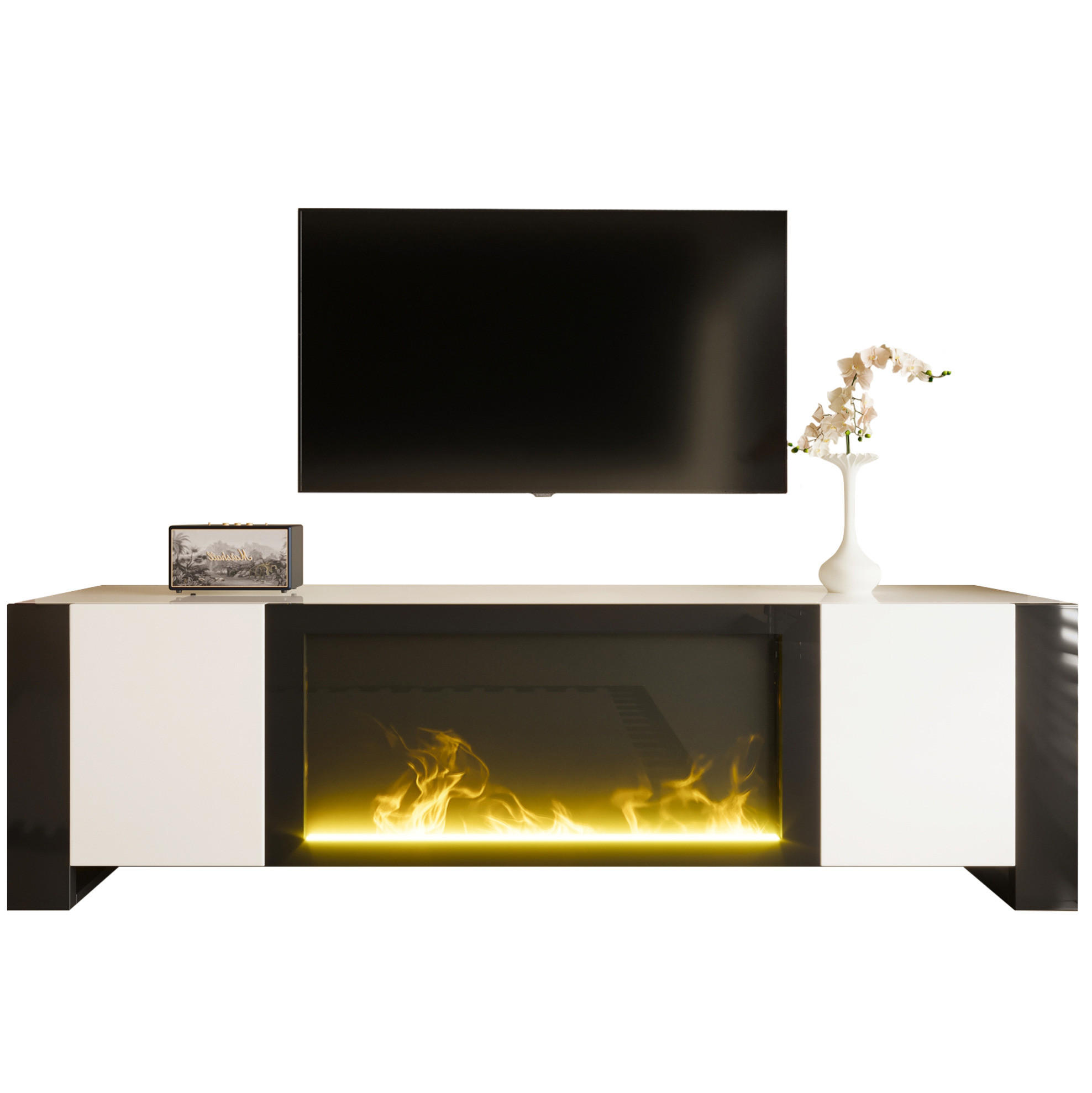TV-SCHRANK aus Spanplatte 165x32x55 cm Weiß/Schwarz mit Elektrokamin, Hochglanzfront und Push-to-open - Schwarz, Holzwerkstoff (165/55/32cm) - Modfu