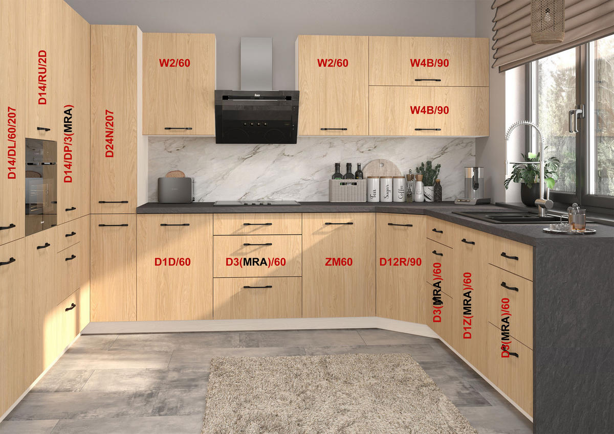 KÜCHENZEILE Casella 15-teilig Weiß / Casella Eiche Natur braun - Dunkelbraun/Weiß, Holzwerkstoff/Metall (360/207/270cm) - Feldmann-Wohnen