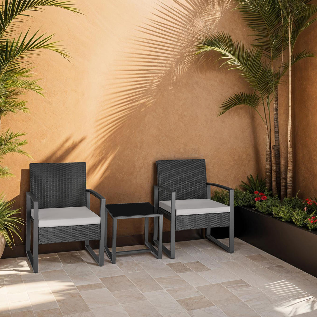 RATTAN SITZGRUPPE Granada,höhenverstellbare Kunststofffüße,hellgrau/schwarz - Hellgrau/Schwarz, Kunststoff/Textil - tectake