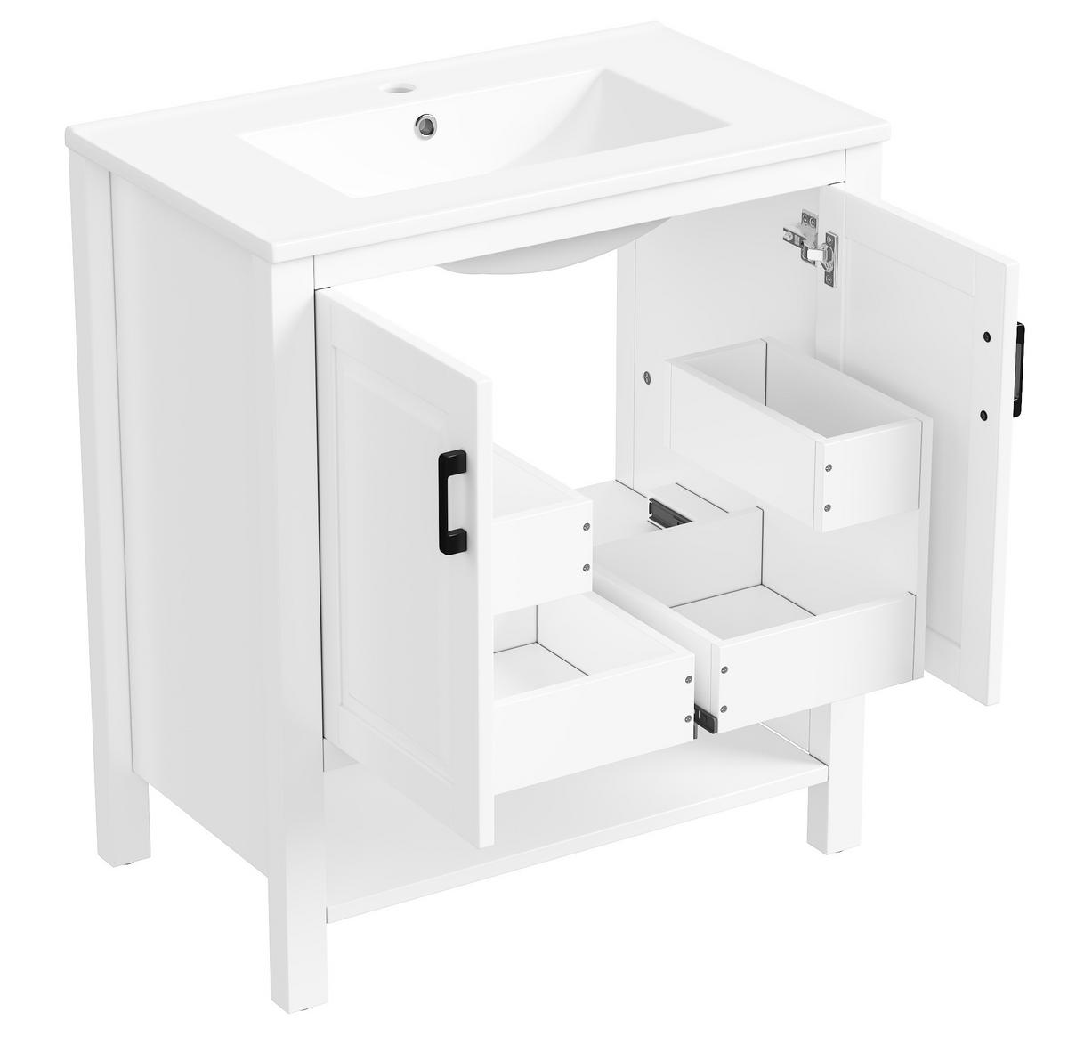 FREISTEHENDER Badezimmerwaschtisch aus MDF und Keramik 76,5x47x83 cm Weiß mit Doppeltür und offenem Stauraum - Weiß, Keramik (76.5/83/47cm) - Modfu