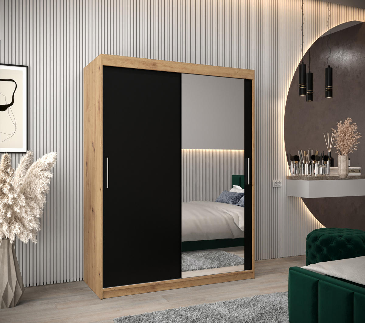 SCHWEBETÜRENSCHRANK 200/150/62 2-türig - Silberfarben/Schwarz, Holz/Kunststoff (150/200/62cm) - Abiks Möbel