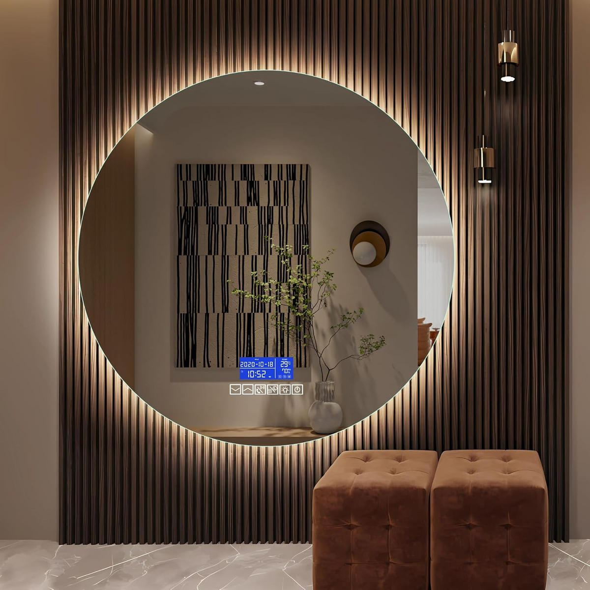 BADEZIMMERSPIEGEL mit LED, Rund 60 cm, Anti-Beschlag, Temperaturanzeige und 3 Anpassbare Helligkeit - Transparent, Glas (60/4/60cm)