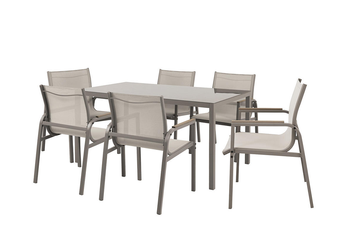 GARTENESSGRUPPE - 7-teilig - Stahl / Glas / Olefin - Taupe, Glas/Textil - home24