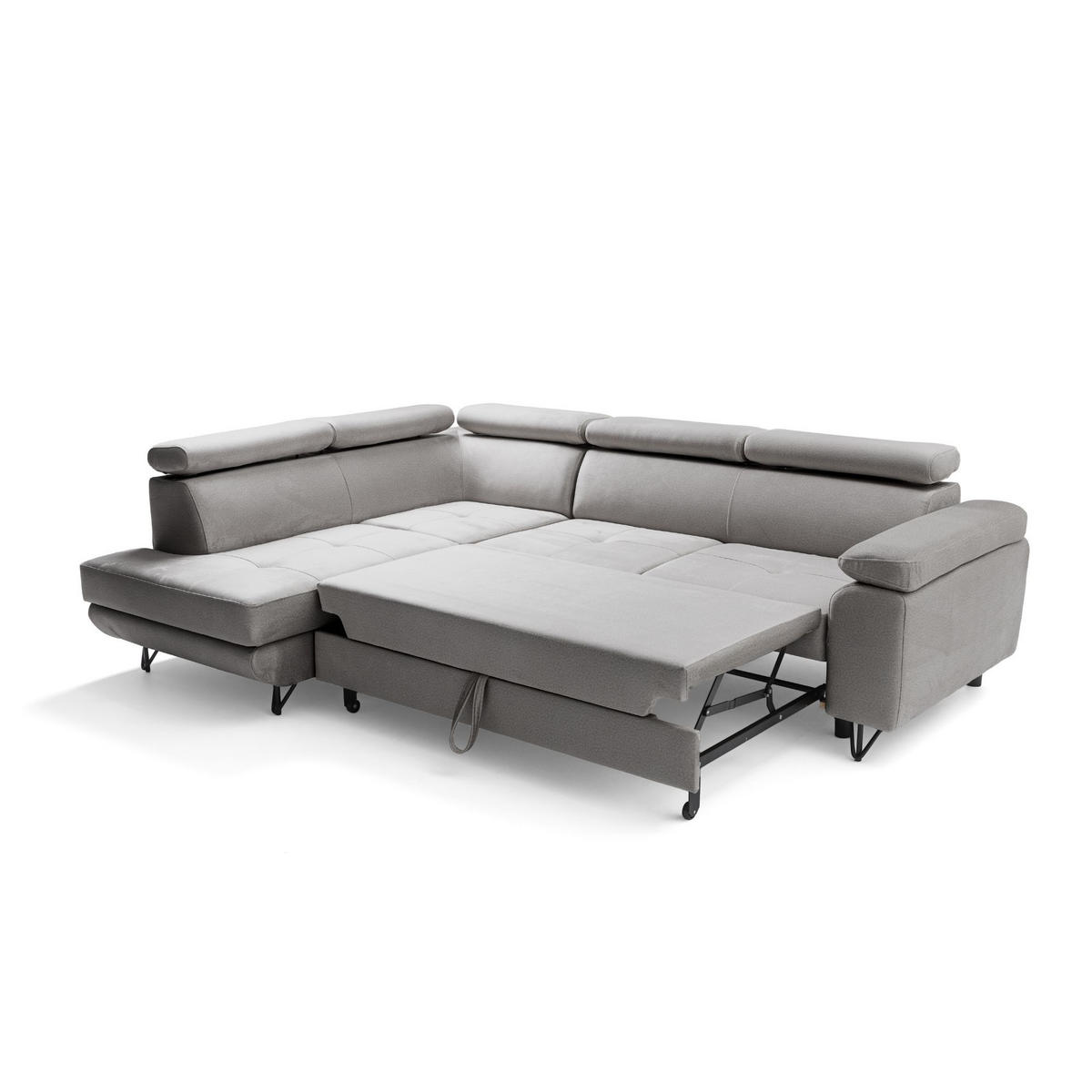 ECKSOFA JUNIOR L Links mit Schlaffunktion 194x128 Velours Hellgrau - Hellgrau/Schwarz, Holz/Textil (249/184cm) - Muffo