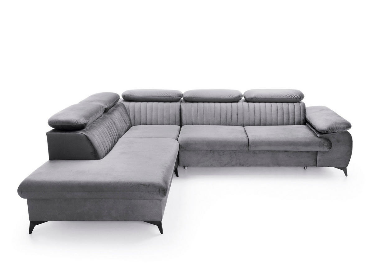 ECKSOFA FIORE Grau Velours-Stoff mit Schlaffunktion - Grau, Holz (275/221cm) - MASSENO