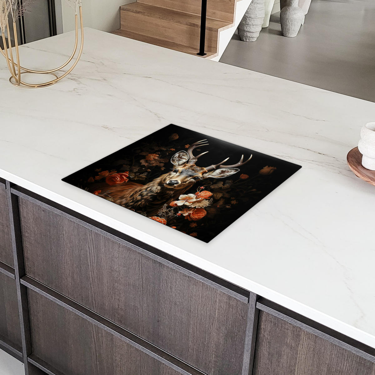 HERDABDECKPLATTE Hirsch - Tier - Blumen - Natur - Botanisch 57x51 cm - Kupferfarben, Kunststoff (57.6/51.6/0.2cm) - MuchoWow