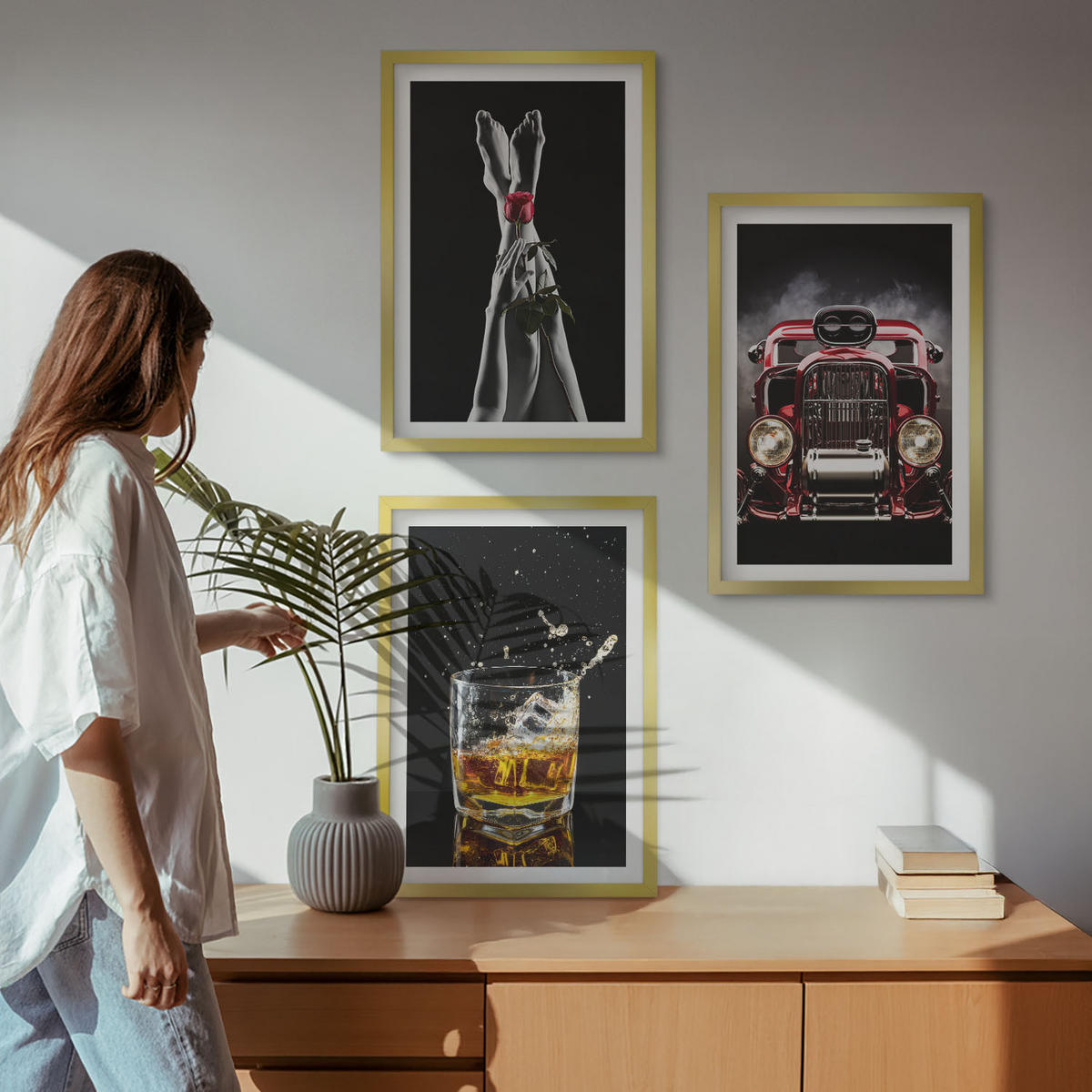 BILDER SET 3er Set - 40x60 cm Goldrahmen - Frauenbeine Rosenauto Whisky - Goldfarben, Kunststoff (40/60cm) - TULUP