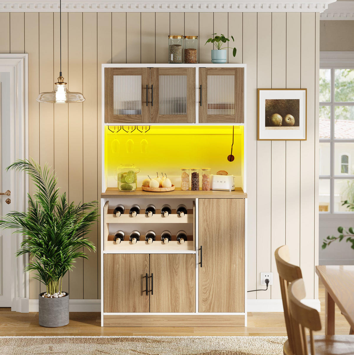 BUFFETSCHRANK 40/100/180 cm aus MDF mit LED-Beleuchtung, Steckdosenleiste und Weinregal, Weiß/Natur - Weiß, Holzwerkstoff (100/180/40cm) - Redom