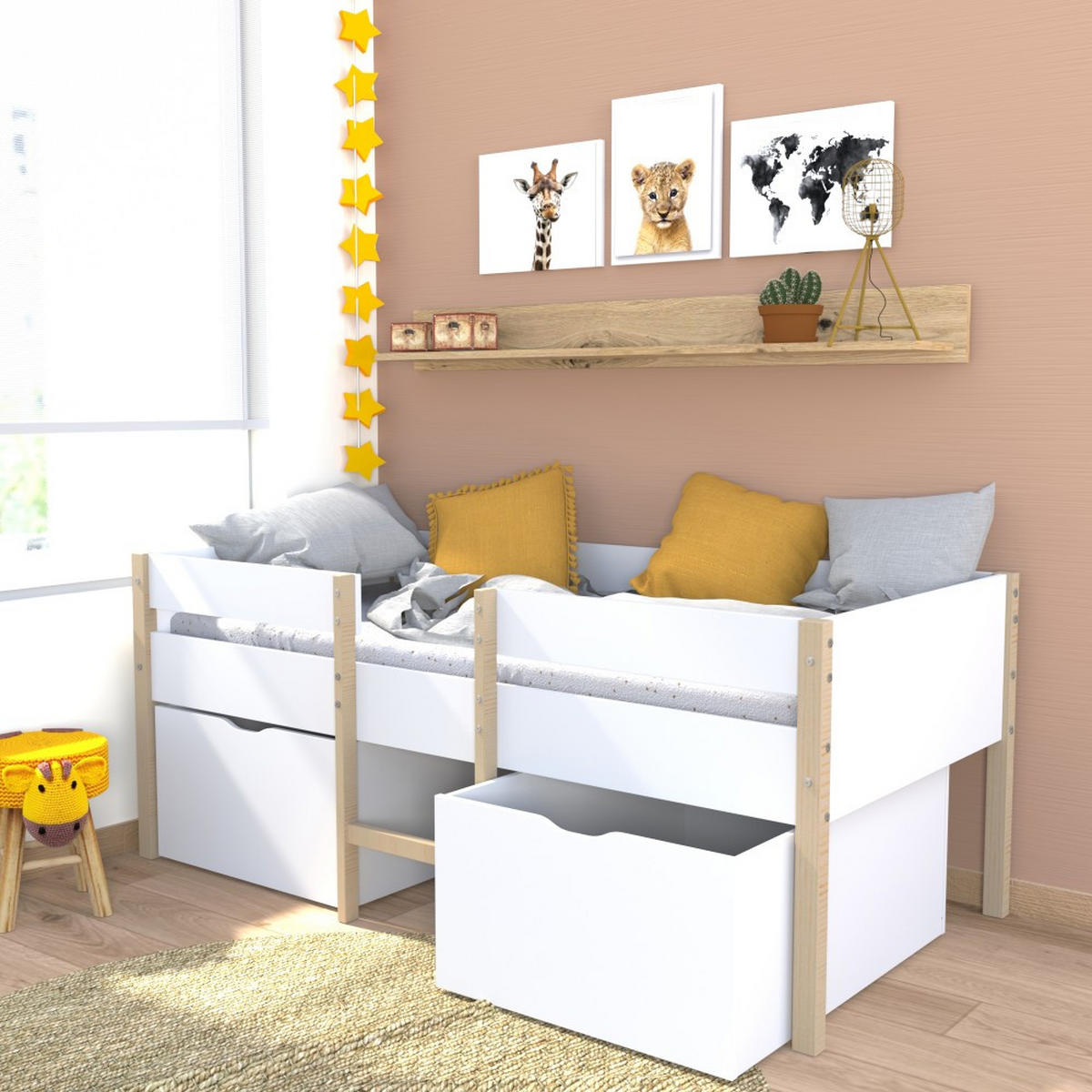KINDERBETT ZEPHIR / SPIELBETT 90x190 cm + 2 Schubladen + Lattenrost / Weiß & Naturlack - Multicolor, Holz/Holzwerkstoff (90/190cm) - Weber Industries
