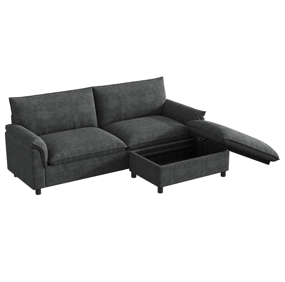 ECKSOFA 216/77/82 cm mit beweglichem Hocker, Stauraum und Schlaffunktion aus Chenille, Schwarz - Schwarz, Textil (216/77cm) - Redom