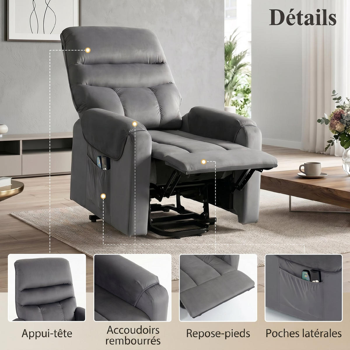 AUFSTEHSESSEL,ELEKTRISCH Massage Vibration Wärme Samt,dunkelgrau - Grau, Textil (79/103/97cm) - Vallsero