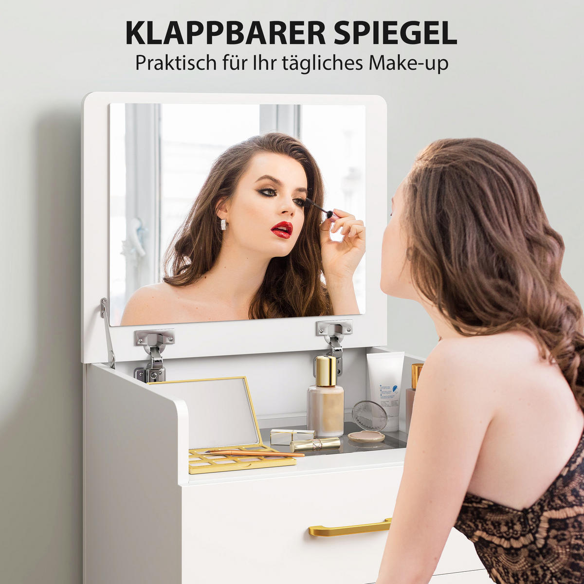 3 in 1 Schminktisch mit Hocker, Kosmetiktisch mit Spiegel, 3 Schubladen - Beige/Weiß, Holzwerkstoff/Textil (40/90/48cm) - HOMCOM