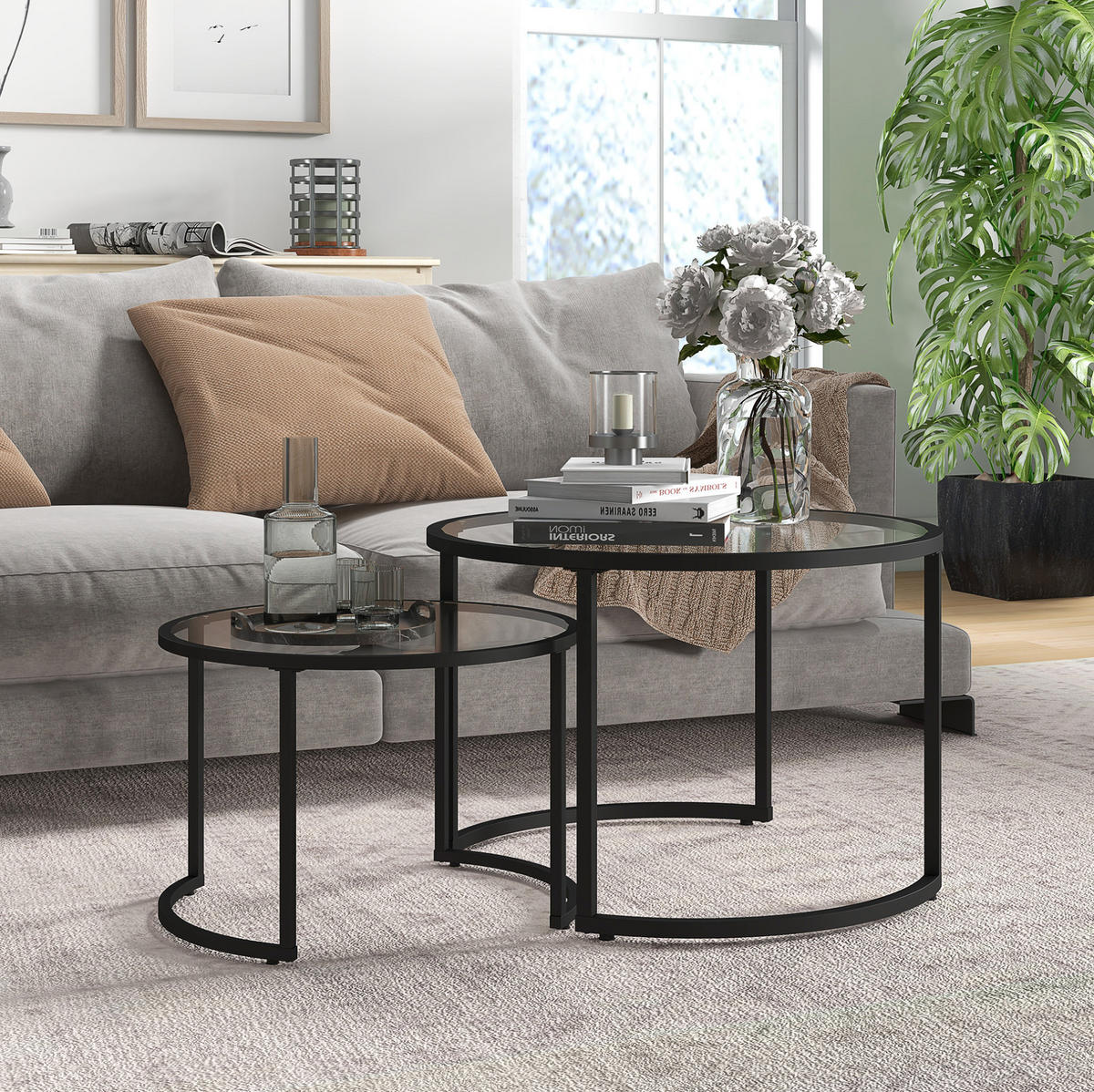 COUCHTISCH 2er-Set 70/47,5 & 54/42,5 cm aus Glas und Stahl, teilweise stapelbar - Schwarz, Metall (70/70/47.5cm) - Flora Grace