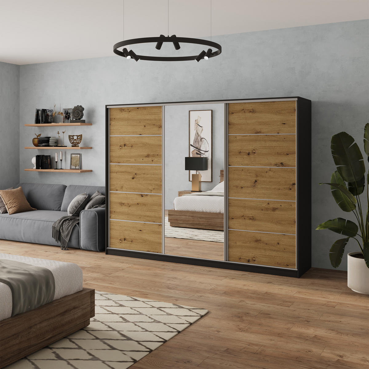 SCHWEBETÜRENSCHRANK NATA 250/205/58 cm 3-türig mit Spiegel und Schubladen Schwarz / Eiche Artisan - Silberfarben/Schwarz, Holzwerkstoff (250/205/58cm) - MASSENO