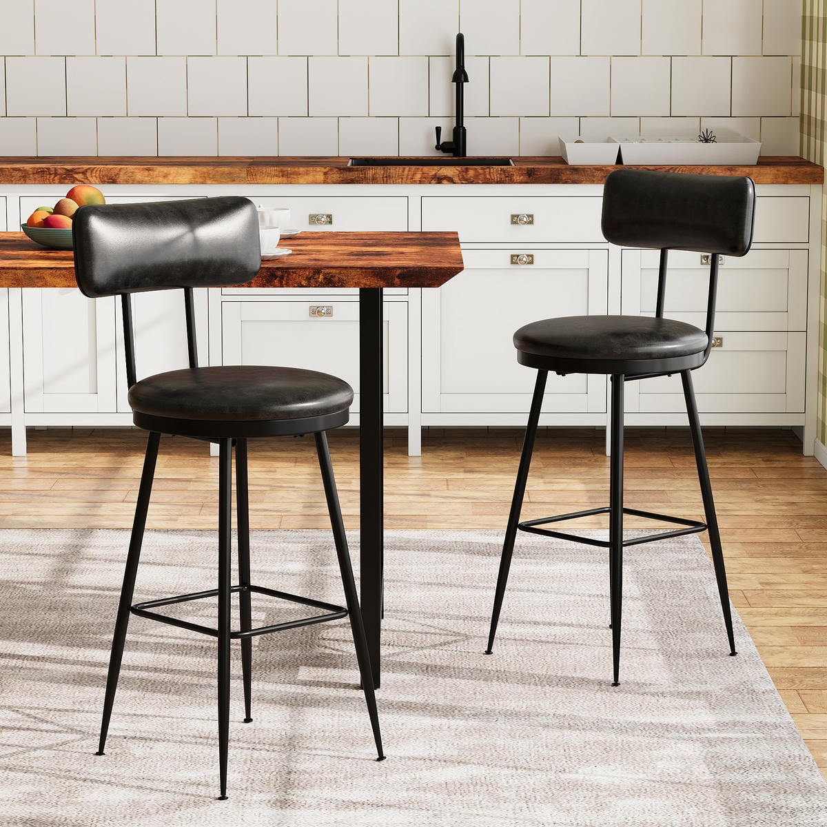 BARHOCKER 2er Set Metallgestell Kunstleder Rückenlehne Fußstütze 65 cm schwarz - Schwarz, Holz (38/85.5/38cm) - Fortuna Lai