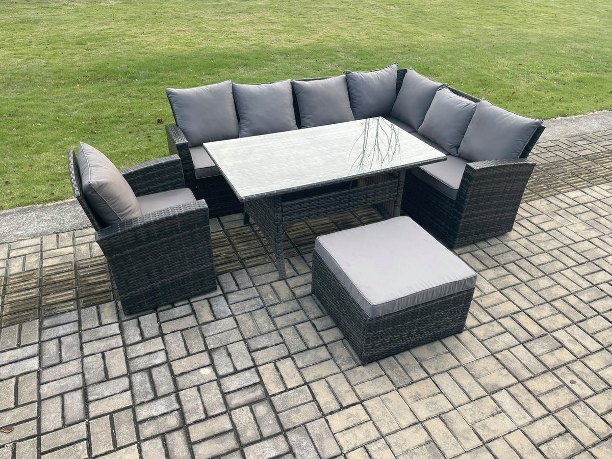 LOUNGEGARNITUR mit Esstisch Sofa Polyrattan Dunkelgrau 8-Sitzer - Dunkelgrau/Grau, Glas/Kunststoff - Fimous