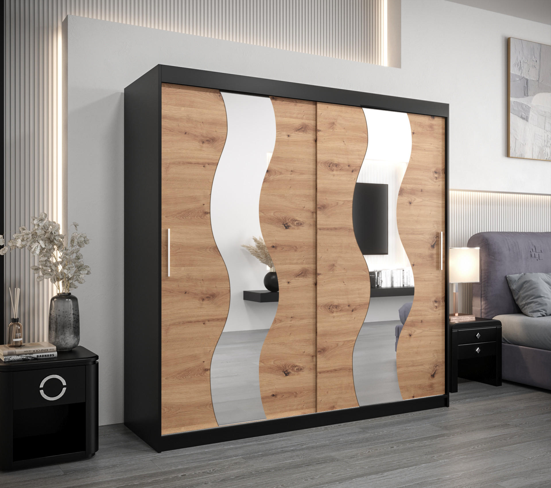 SCHWEBETÜRENSCHRANK 200/200/62 2-türig - Silberfarben/Schwarz, Holz/Kunststoff (200/200/62cm) - Abiks Möbel