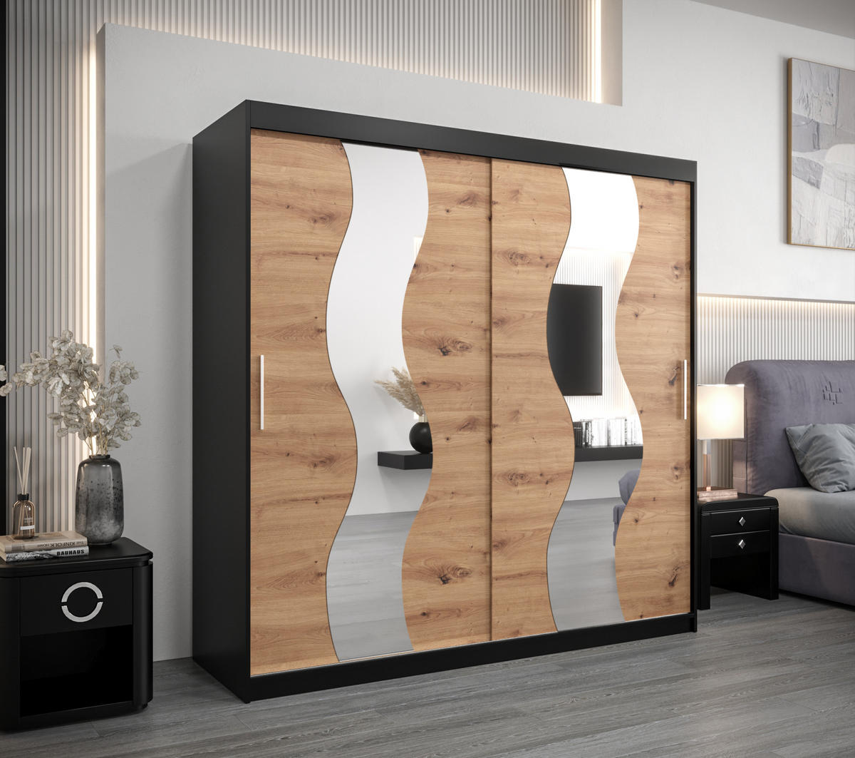 SCHWEBETÜRENSCHRANK 200/200/62 2-türig - Silberfarben/Schwarz, Holz/Kunststoff (200/200/62cm) - Abiks Möbel