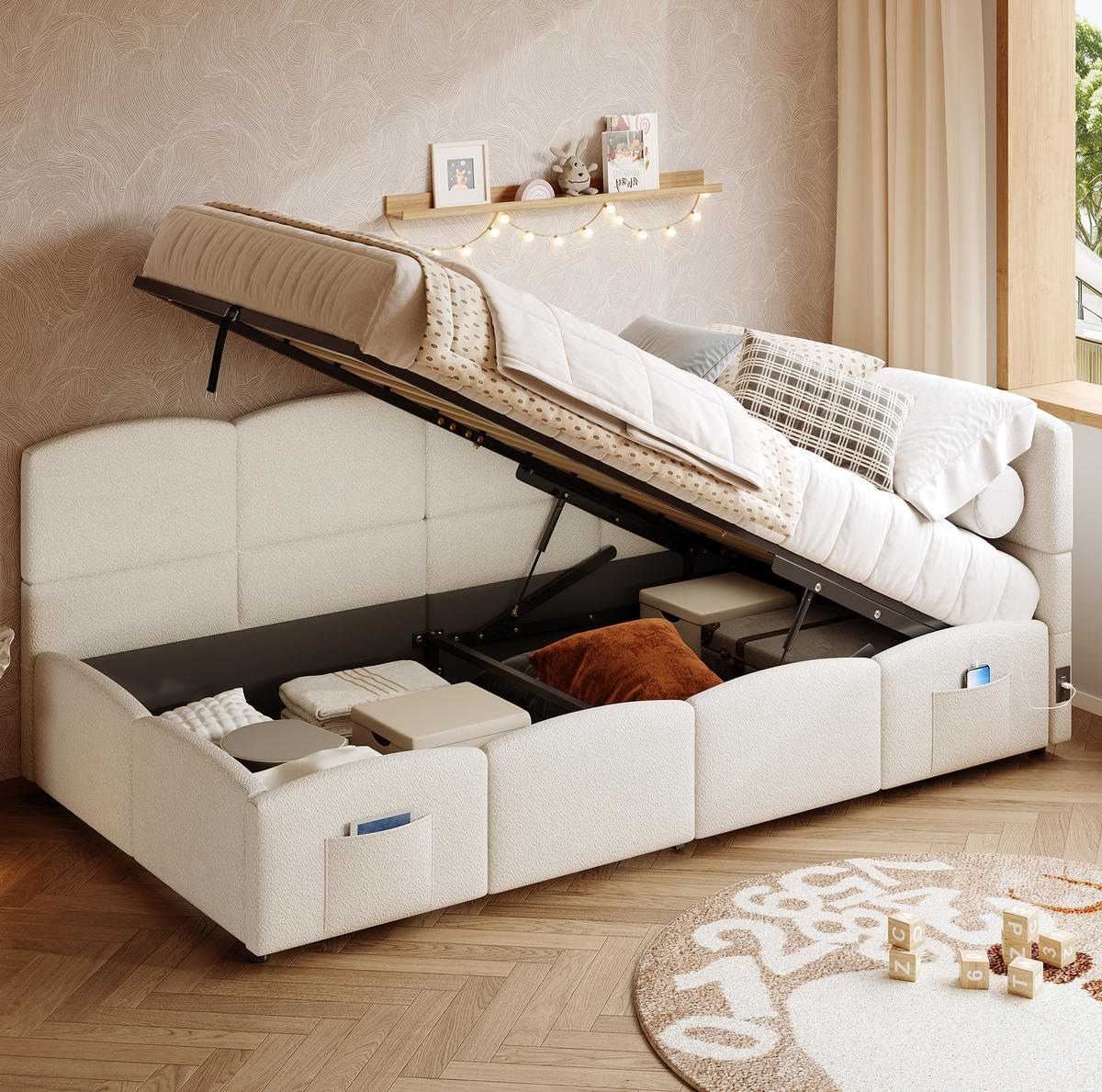 POLSTERBETT Stauraumbett 90/200 cm aus Bouclé mit USB-Anschlüssen Beige - Beige, Textil (90/200cm) - Modenvie