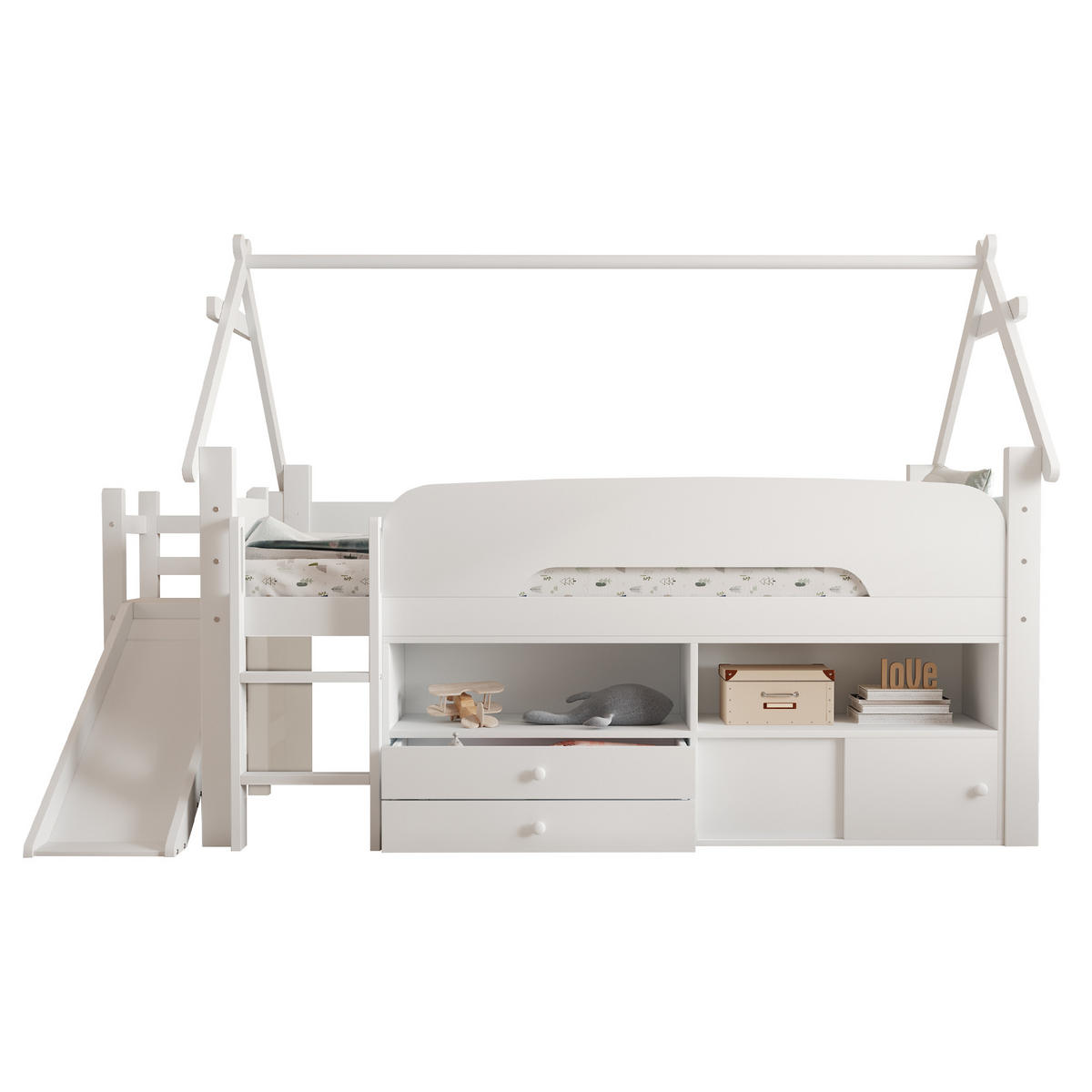 KINDEREINZELBETTEN aus Massivholz 90x200 cm in Weiß mit Rutsche & Stauraum - Weiß, Holz (90/200cm) - Modfu