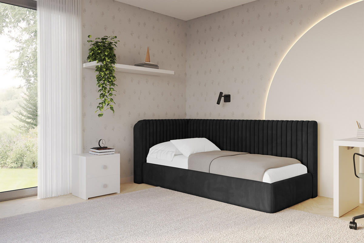 EINZELLBETT Jugendbett mit Bettkasten und Matratze H3/H4, Rechts - AURY 80x200 Schwarz - Anthrazit, Holzwerkstoff/Textil (80/200cm) - ALTDECOR