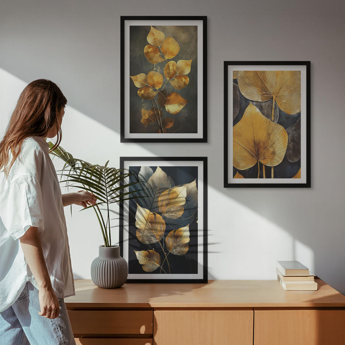 BILDER SET 3er Set - 40x60 cm Schwarzer Rahmen - Gelbe Blätter auf dunklem Hintergrund - Schwarz, Kunststoff (40/60cm) - TULUP