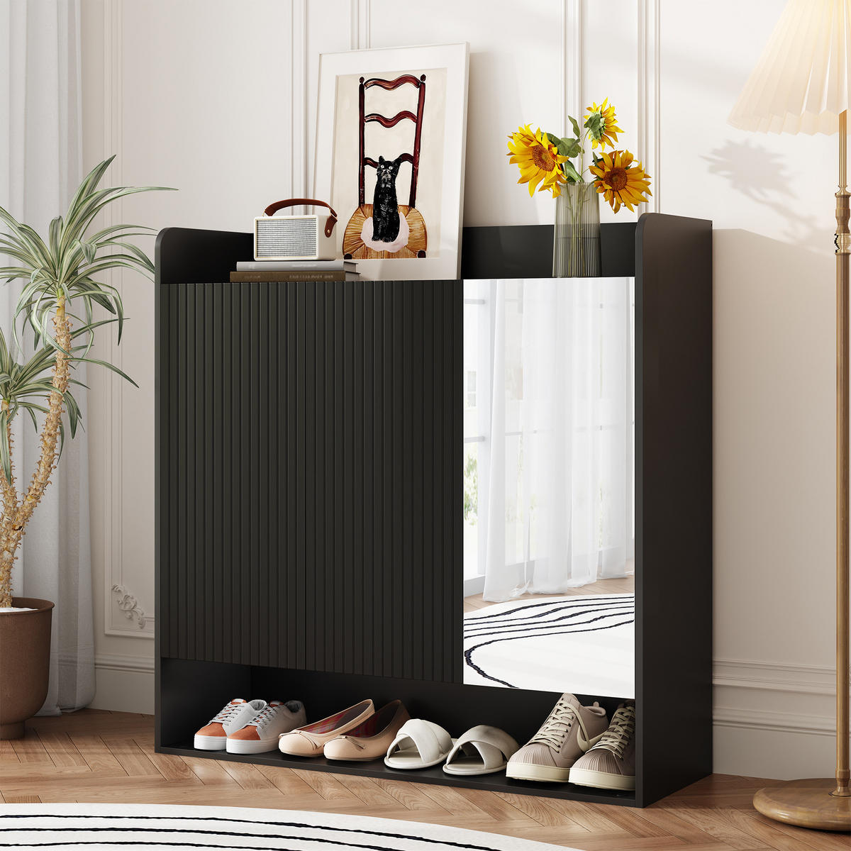 SCHUHSCHRANK aus MDF & Spanplatte 110x35,5x110cm in Schwarz mit Spiegel - Schwarz, Holzwerkstoff (110/110/35.5cm) - Modfu