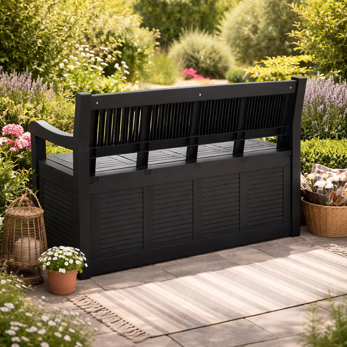 GARTENBANK inkl. Stauraum - Schwarz, Kunststoff (60/85/130cm) - Bestlivings