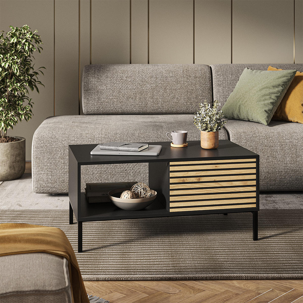 COUCHTISCH Eliza Schwarz/Eiche 90 x 50 cm mit einer Schublade - Anthrazit/Eiche Wotan, Holzwerkstoff (50/90/45cm) - Vicco