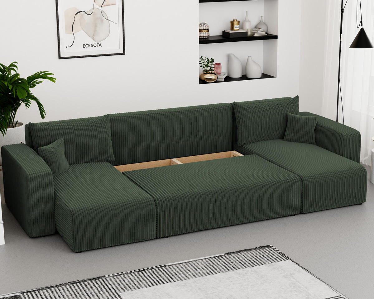 WOHNLANDSCHAFT mit Schlaffunktion und Bettkasten, Grün - Schwarz/Grün, Kunststoff/Textil (318/79/145cm) - Idohome