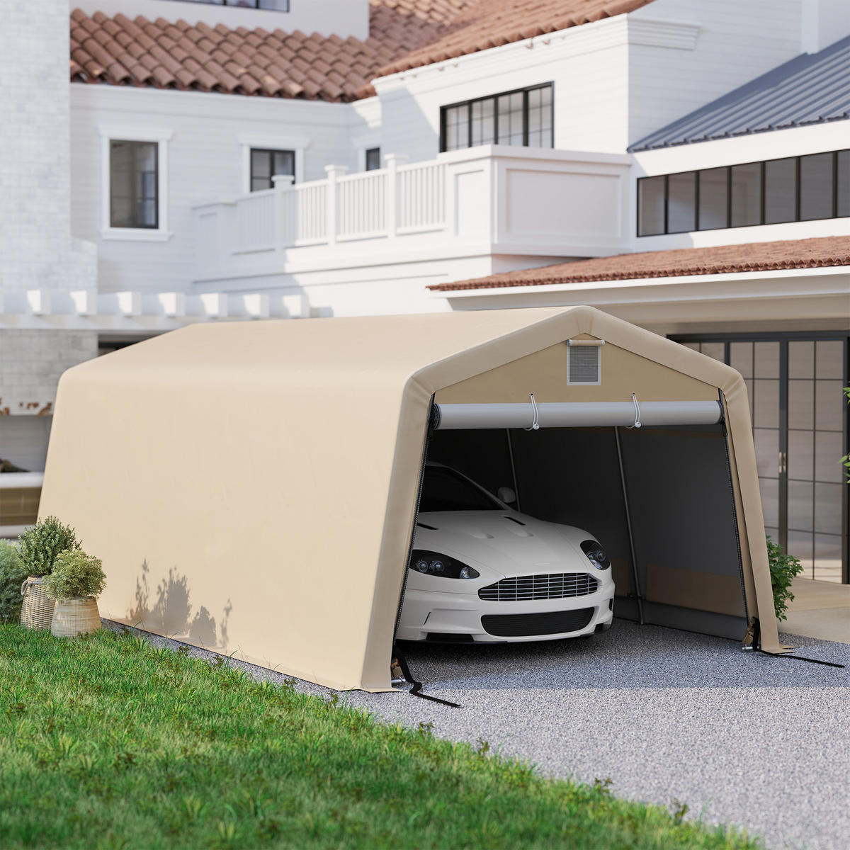 CARPORT DE-12646 620/330/240 cm 150 g/m² wasserdicht mit Rolltür Grau - Mokka, Kunststoff (330/240/618cm) - ComfortXL
