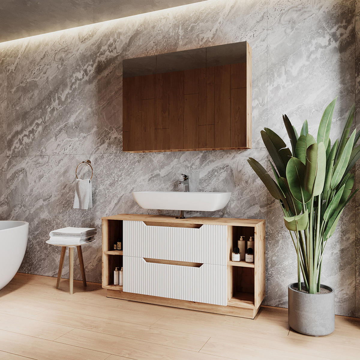 BADMÖBEL-SET Lotta Eiche/weiß gestreift 2 Teile - Eichefarben/Weiß, Holzwerkstoff (119.2/62.5/35cm) - Vicco