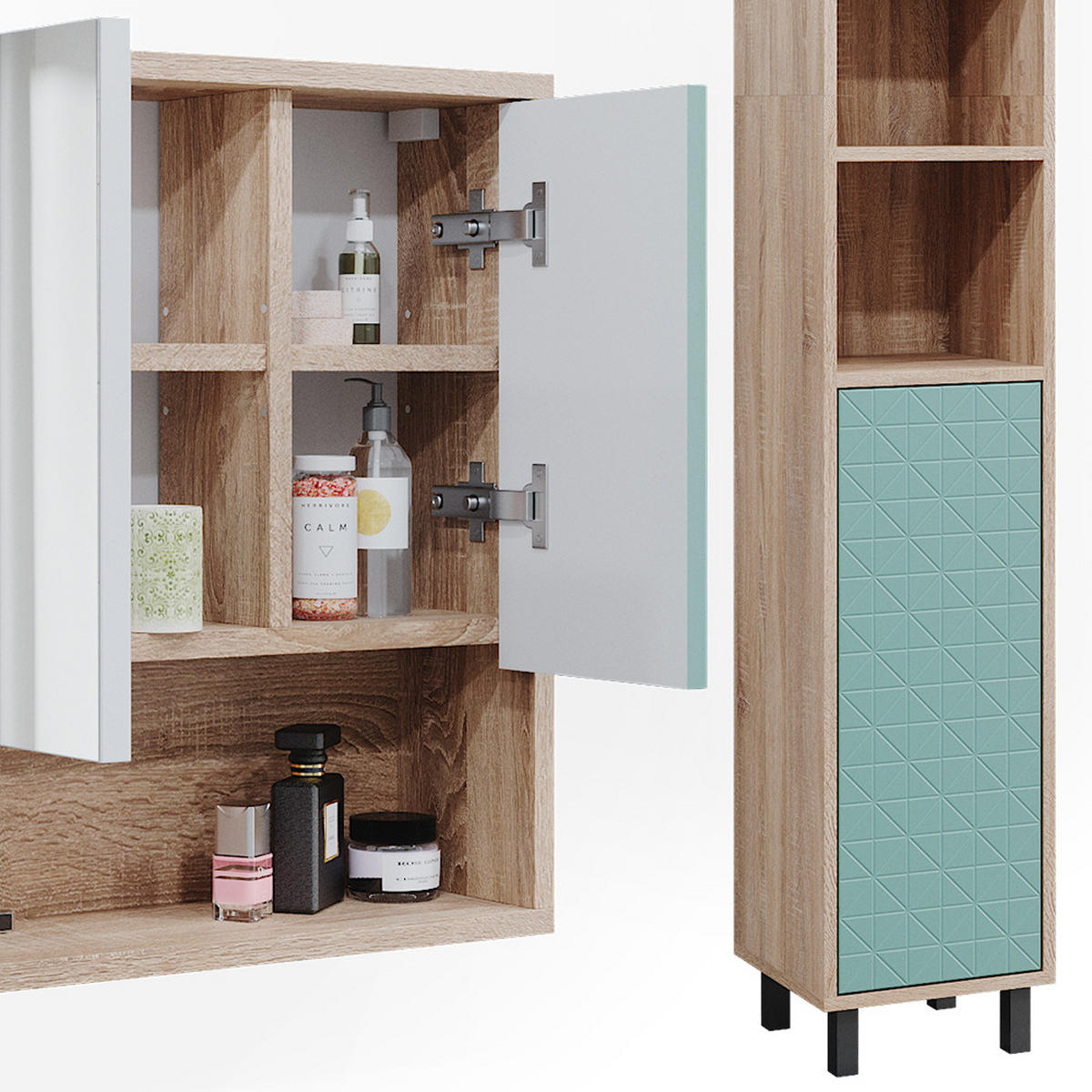 BADMÖBEL-SET Agasta Mintgrün 3 Teile, mit Hochschrank - Mintgrün/Sonoma Eiche, Holzwerkstoff (56/57/28cm) - Vicco