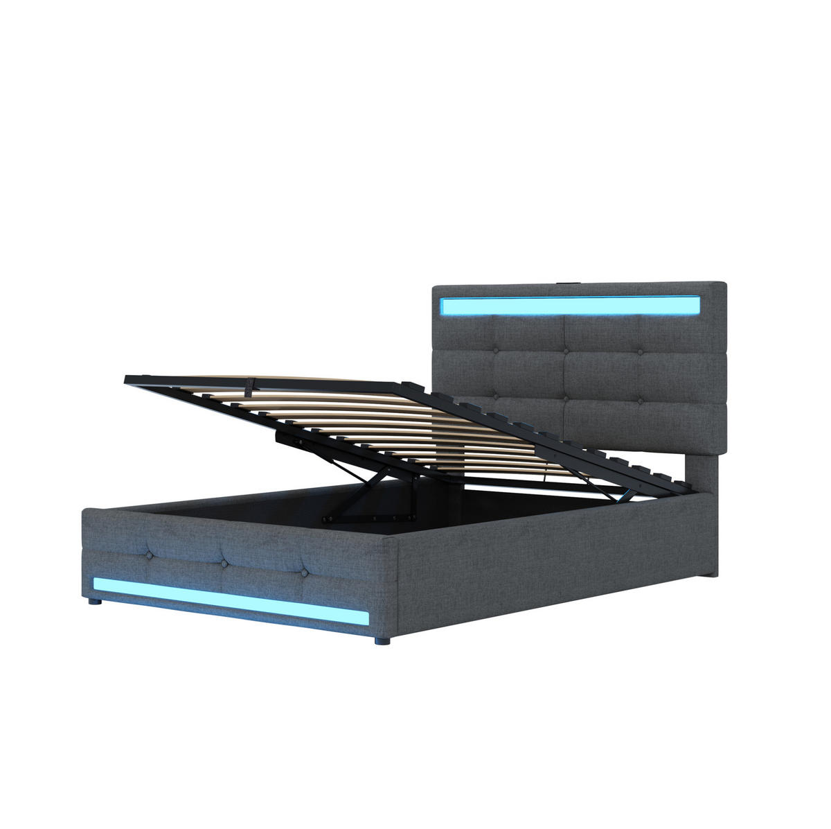 POLSTERBETT 90/200 cm Grau aus Stoff mit LED und USB - Grau, Textil (90/200cm) - OKMYHOME