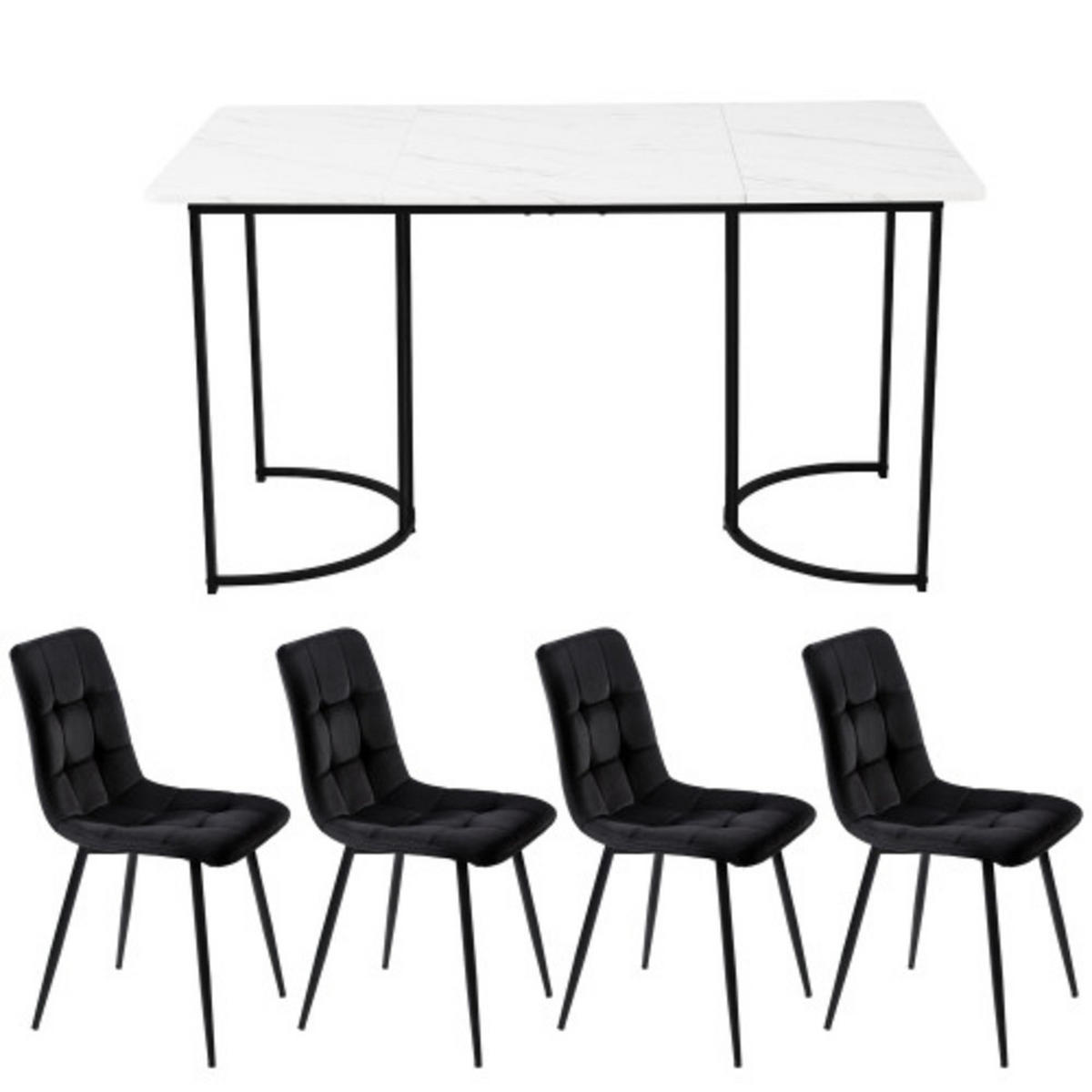 ESSZIMMER-SET 5-tlg mit Marmor-Spanplatten-Tisch 140x80, vier Samtstühlen mit verstellbaren Metallbeinen, weiß-schwarz - Schwarz, Holzwerkstoff (80/75/140cm) - Luhomfu