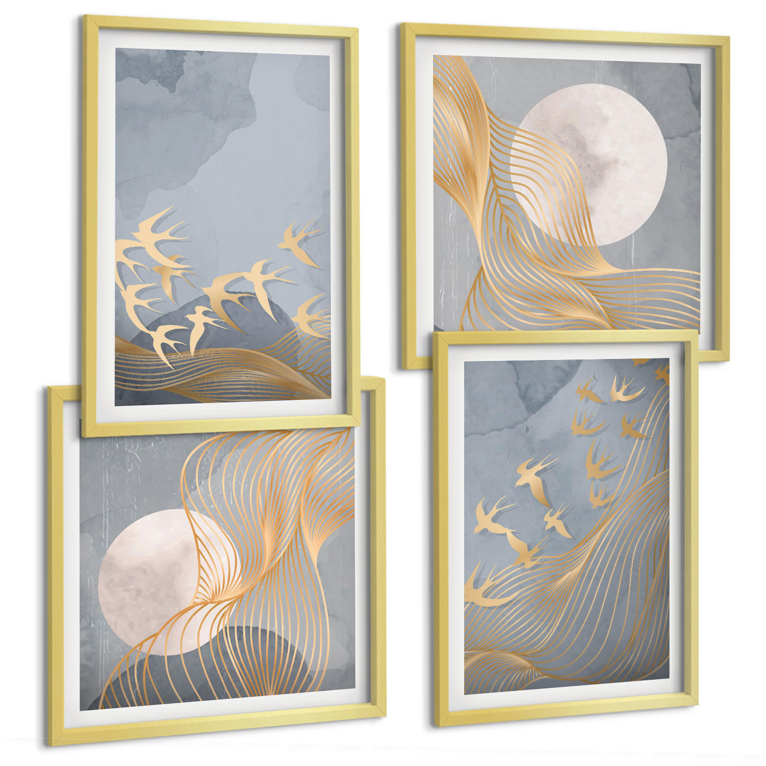 BILDER SET 4er Set - 50x50 cm & 40x60 cm Goldrahmen - Vögel im Flug, Himmel, Mond - Goldfarben, Kunststoff (50/50cm) - TULUP