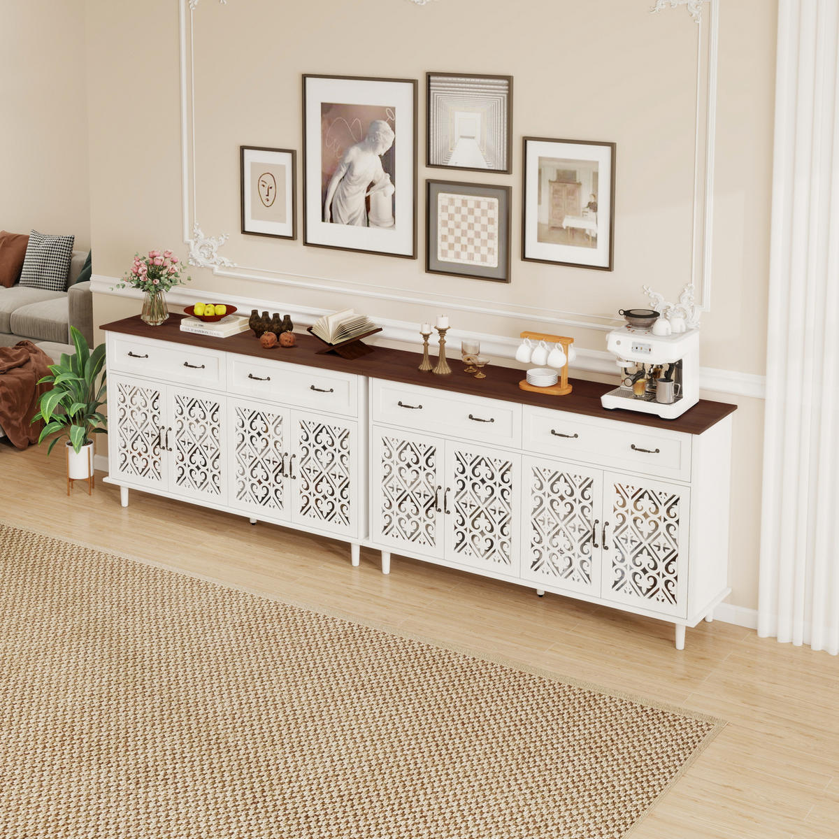 SIDEBOARD aus Spanplatte und Massivholz 150x40x93 cm Weiß mit 4 Türen, 2 Schubladen, verstellbaren Einlegeböden und Vintage-Front - Weiß, Holzwerkstoff (150/90.3/40cm) - Modfu