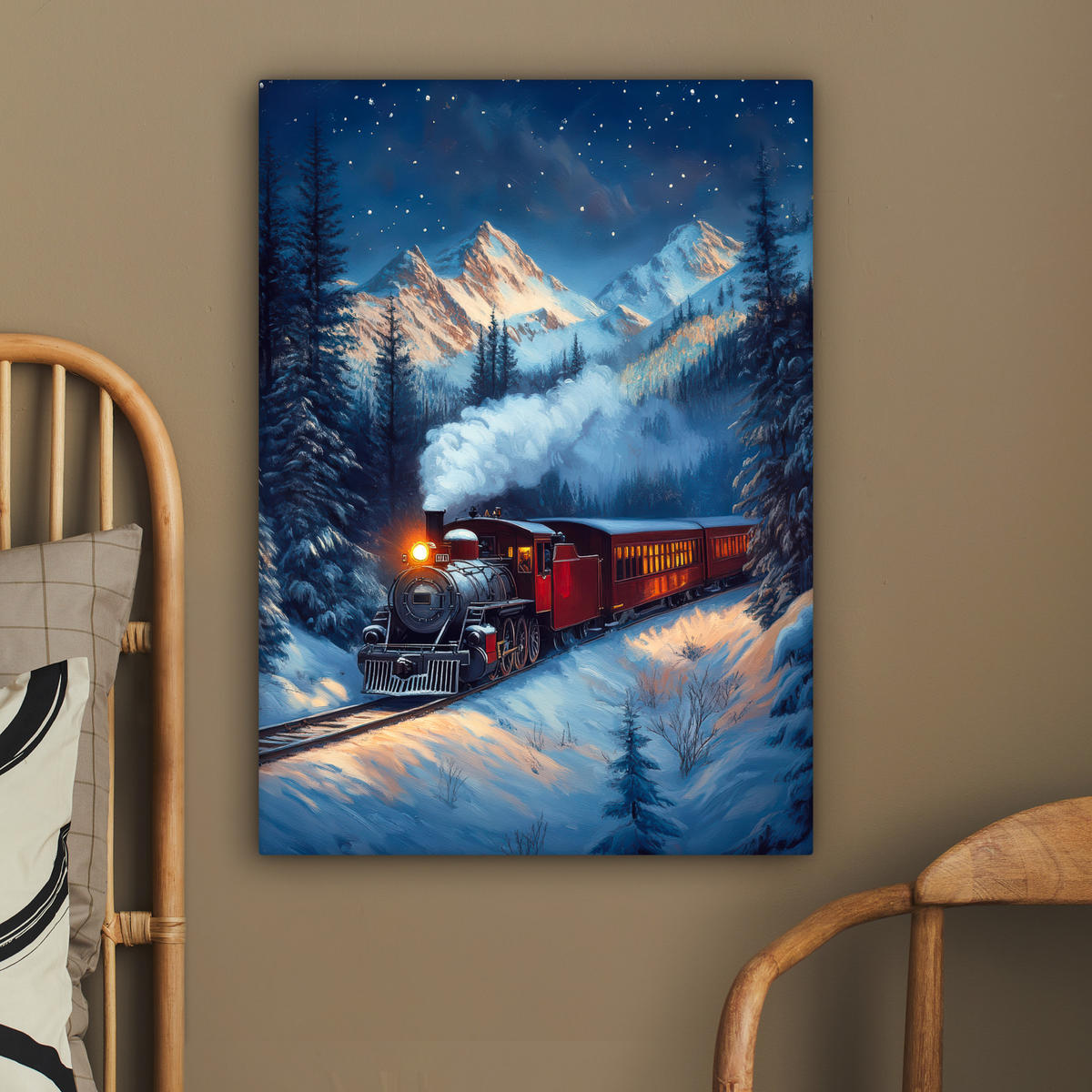 LEINWANDBILD Zug - Weihnachten - Schnee - Weihnachtszug 60x80 cm - Anthrazit, Textil (60/80cm) - MuchoWow