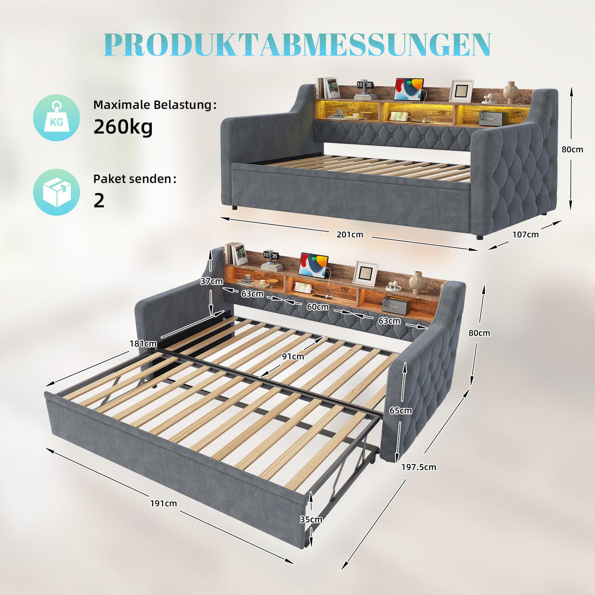SCHLAFSOFA Dunkelgrau aus Samt mit Ausziehbett, Stauraumkopfteil, LED und USB-Ladeanschlüssen - Dunkelgrau, Textil (107/80/201cm) - Luhomfu