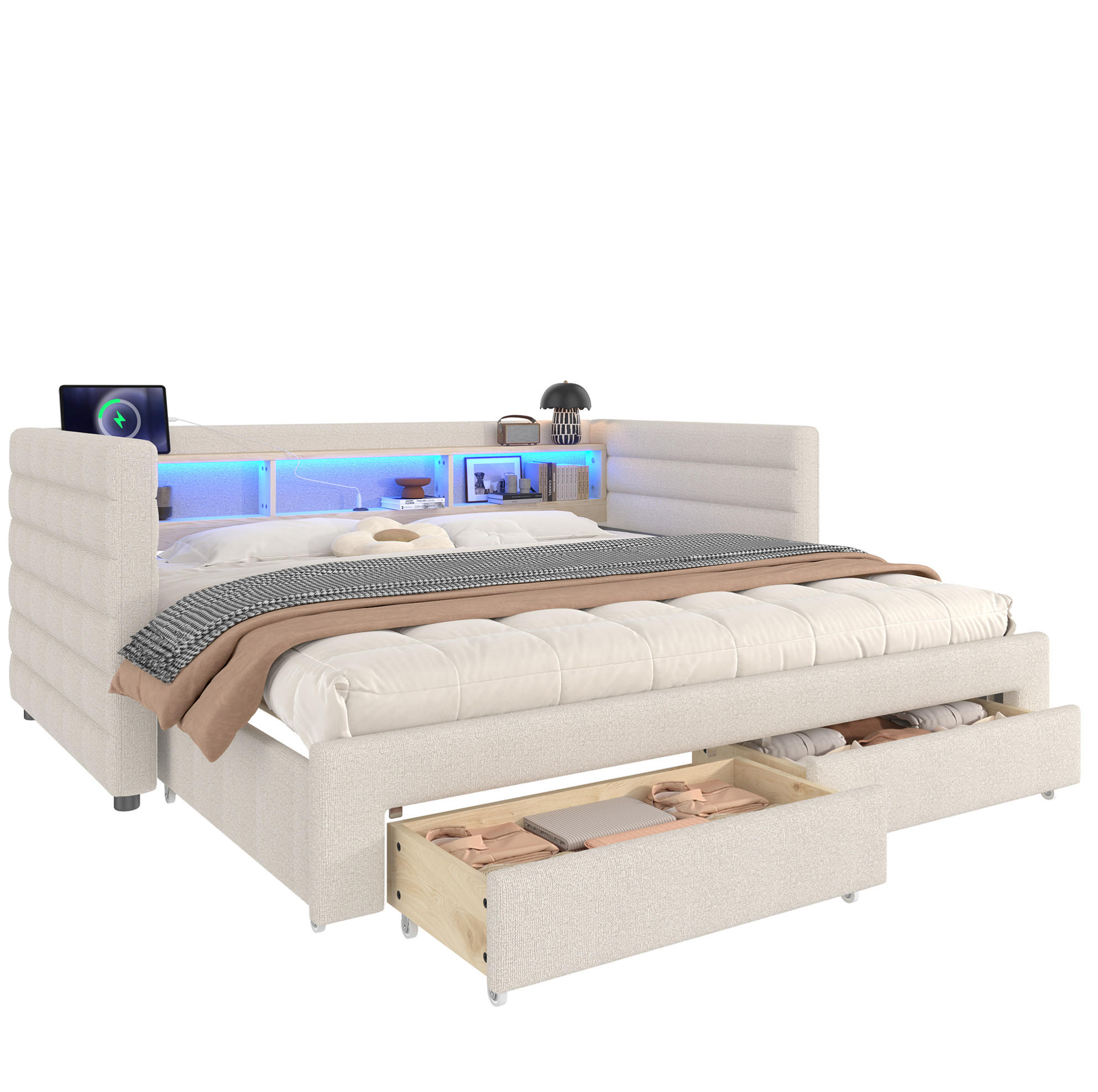 OKWISH DENNÍ postel 90/190 cm béžová ze sametu s výsuvným lůžkem LED a úložným prostorem