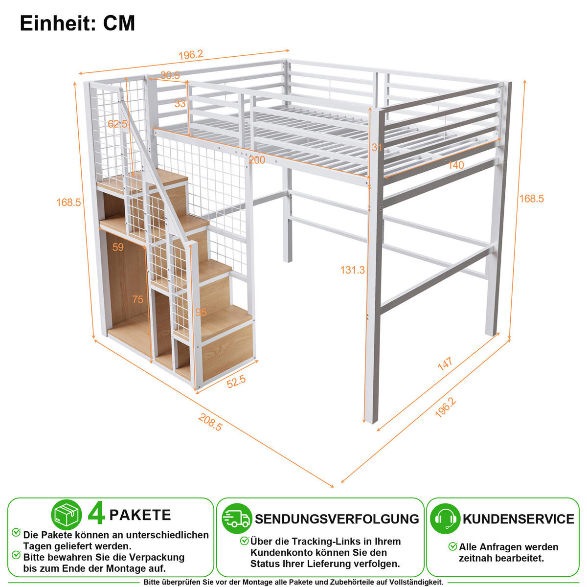 VYVÝŠENÁ POSTEL 140/200 cm v bílé barvě s úložným prostorem - bílá, kov/kompozitní dřevo (140/200cm) - CHICFURN